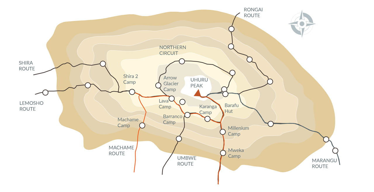 Machame Route map Mount Kilimanjaro showing trekking path and camps